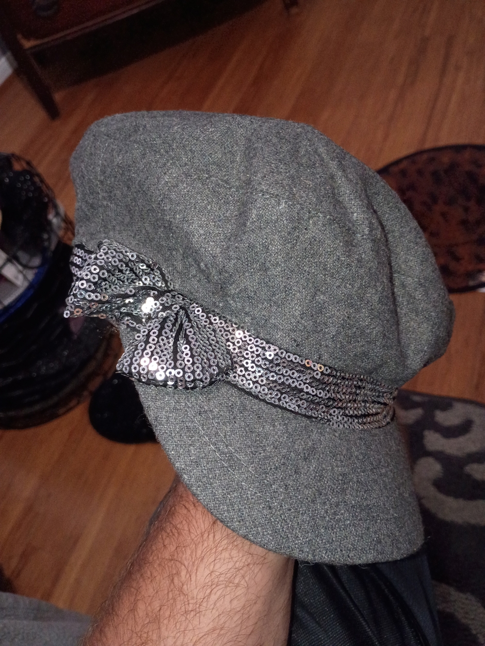 Gray Wool-Blend Sequin Bow Newsboy Cap